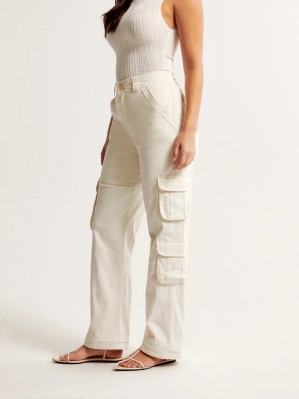 Abercrombie & Fitch Curve Love Relaxed Cargo Pant - Size 2/26, White/Cream - Picture 3 of 10